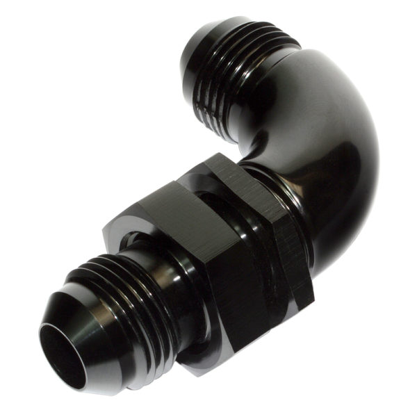 Bulkhead Fitting, AN-8 Male to AN-8 Male, 90° Swept, Black 15873